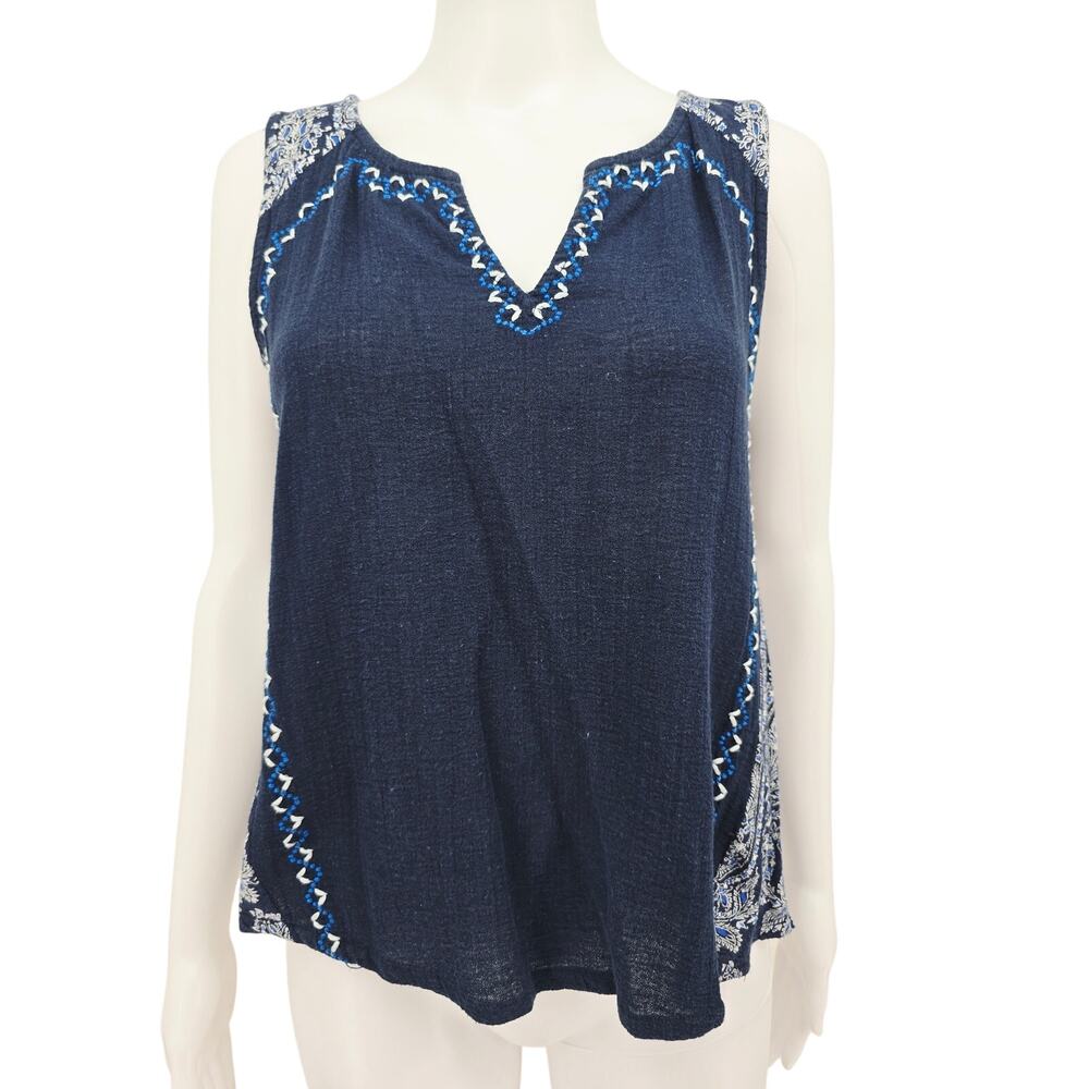 Lucky Brand Embroidered Woven Mix Tank Blue Small